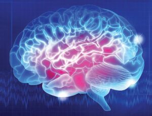 Digital illustration of a glowing human brain, highlighting areas related to memory loss and Alzheimer's research.